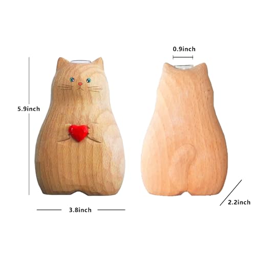 Cat Vase Handmade Wooden Vase, Home Decor Small Vases,Solid Wood Cat Statue Holding Heart Shaped,Modern Creative Cat Decor