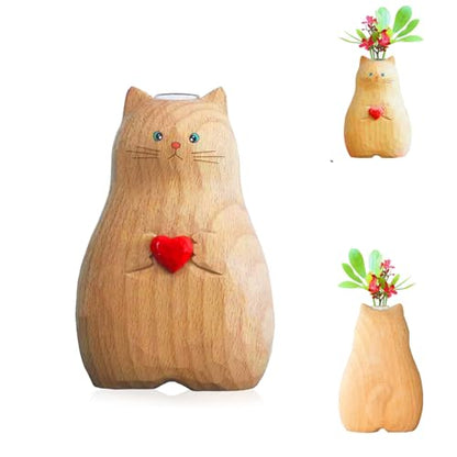 Cat Vase Handmade Wooden Vase, Home Decor Small Vases,Solid Wood Cat Statue Holding Heart Shaped,Modern Creative Cat Decor