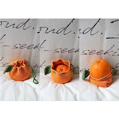 Cute Tangerine Shaped Small Storage Bag, Crochet Drawstring Bags, Mini Handwoven Cotton Handbag, Coin Purse Pouch, Orange Knitting Change Wallet, Earbuds Protective Case, Handmade Gift for Women Girls