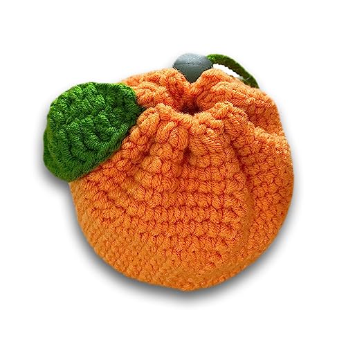 Cute Tangerine Shaped Small Storage Bag, Crochet Drawstring Bags, Mini Handwoven Cotton Handbag, Coin Purse Pouch, Orange Knitting Change Wallet, Earbuds Protective Case, Handmade Gift for Women Girls