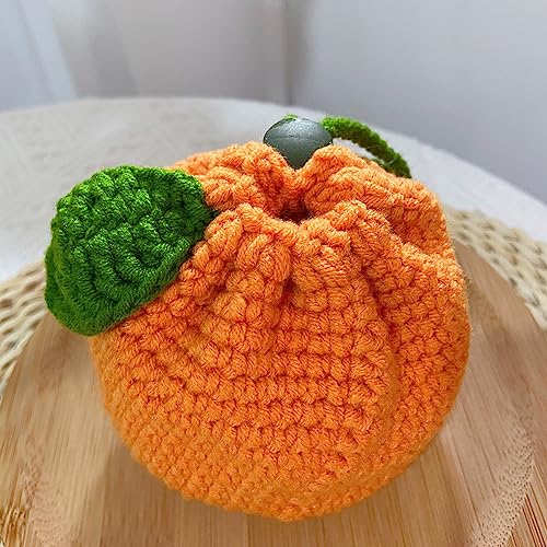 Cute Tangerine Shaped Small Storage Bag, Crochet Drawstring Bags, Mini Handwoven Cotton Handbag, Coin Purse Pouch, Orange Knitting Change Wallet, Earbuds Protective Case, Handmade Gift for Women Girls