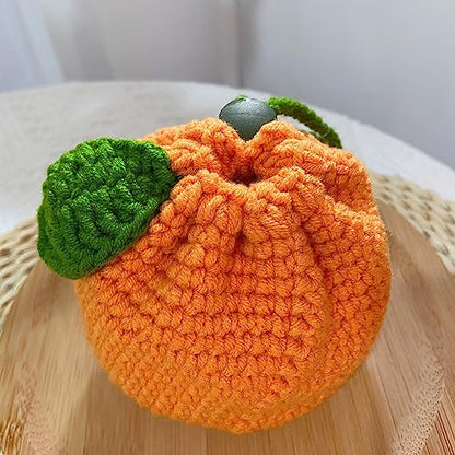 Cute Tangerine Shaped Small Storage Bag, Crochet Drawstring Bags, Mini Handwoven Cotton Handbag, Coin Purse Pouch, Orange Knitting Change Wallet, Earbuds Protective Case, Handmade Gift for Women Girls