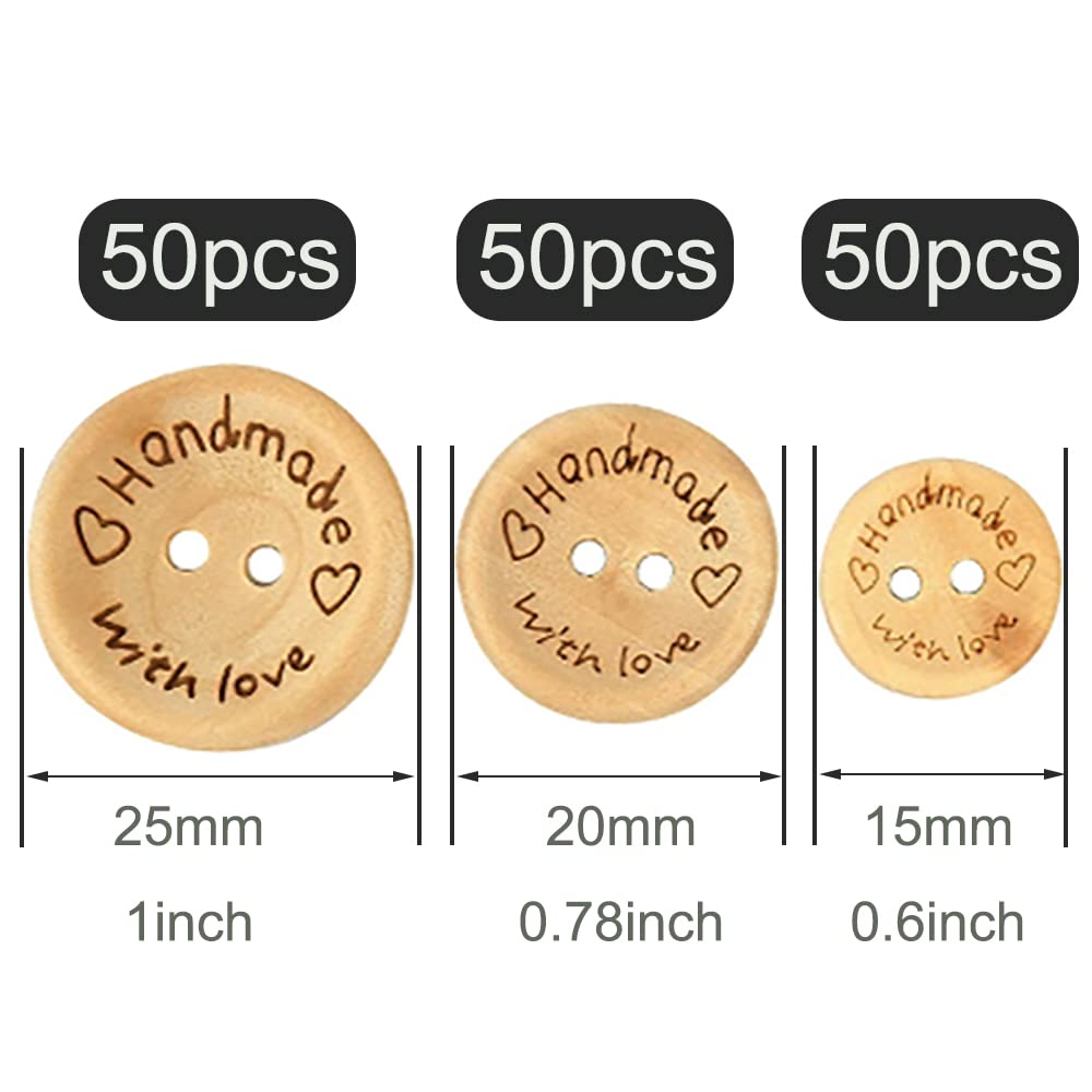 150 Pcs Wooden Handmade with Love Buttons Round Craft Decor Buttons, 2 Holes Wooden Button for 15mm/20mm/25mm Sewing Buttons (Wooden Button)