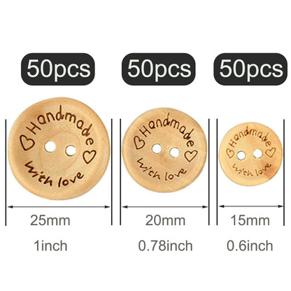 150 Pcs Wooden Handmade with Love Buttons Round Craft Decor Buttons, 2 Holes Wooden Button for 15mm/20mm/25mm Sewing Buttons (Wooden Button)