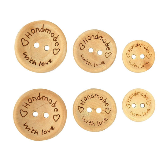 150 Pcs Wooden Handmade with Love Buttons Round Craft Decor Buttons, 2 Holes Wooden Button for 15mm/20mm/25mm Sewing Buttons (Wooden Button)