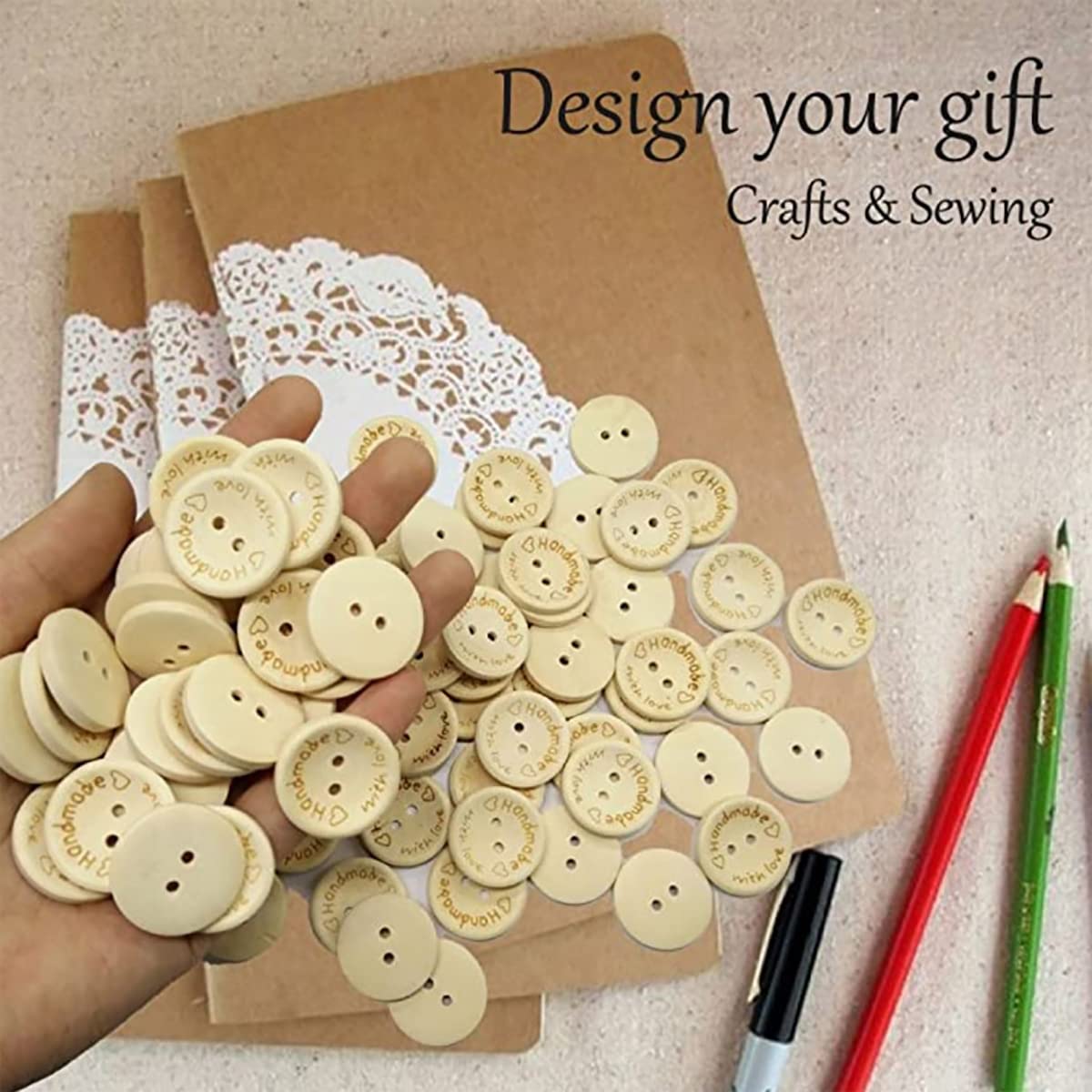 150 Pcs Wooden Handmade with Love Buttons Round Craft Decor Buttons, 2 Holes Wooden Button for 15mm/20mm/25mm Sewing Buttons (Wooden Button)