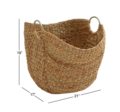 Deco 79 Seagrass Handmade Decorative and Functional Storage Basket Large Woven Basket Organizer with Ring Metal Handles, Basket for Storage 21" x 17" x 19", Brown