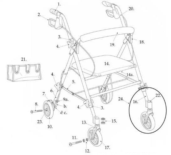 Adjustable Height Rollator, 6" Casters Replacement Parts