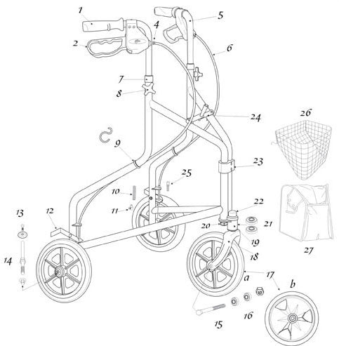 Winnie Lite Supreme/Go Lite 3 Wheel Aluminum Rollator Replacement Parts